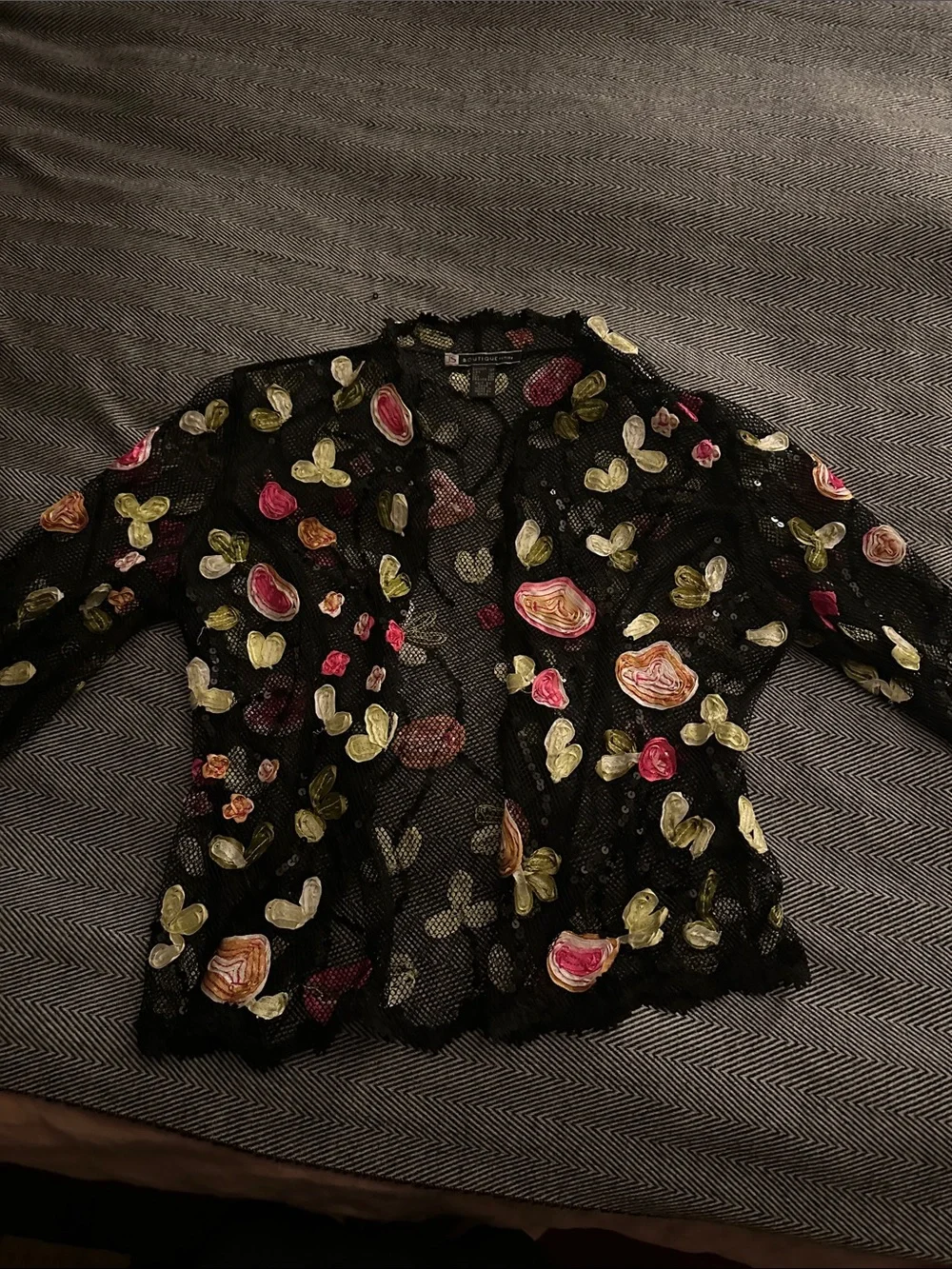 JS Collections Black Sheer Embroidered Floral Jacket with Pink and Green Accents